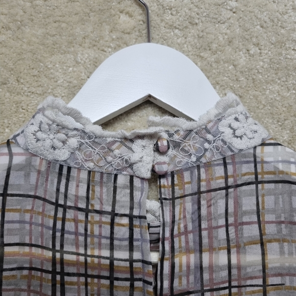 Next Chiffon Top 20 Check Lace Detail Beige High Neck Semi Sheer - Picture 6 of 7